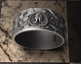 Gothic Anatomical Heart and Skeleton Silver Ring for Men, Unique Romantic Promise Band, Perfect Valentine&#39;s Day Gift, Romantic Gift for Him