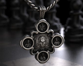 Sterling Silver Orthodox Five Icon Cross Pendant Necklace, IC XC NIKA Christ Halo Saint Medallion Charm, Byzantine Russian Orthodox Jewelry