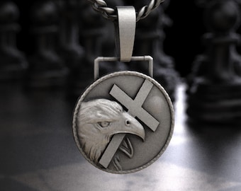 Sterling Silver Bald Eagle Cross Medallion Pendant Necklace, Patriotic Eagle Head Christian Cross Coin Charm, American Faith Military Gift