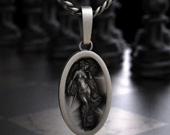 Sterling Silver Greek Goddess Draped Figure Oval Pendant Necklace, Classical Nude Venus Aphrodite Cameo Charm, Mythology Feminine Art Gift