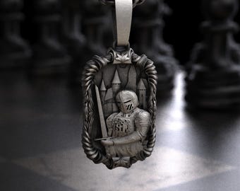 Sterling Silver Medieval Knight Castle Tag Pendant Necklace, Armored Crusader Sword Shield Rope Frame Charm, Medieval History Fantasy Gift
