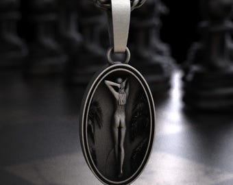 Sterling Silver Dark Angel Winged Woman Oval Pendant Necklace, Feminine Figure Dark Wings Tropical Night Scene Cameo Charm, Gothic Art Gift