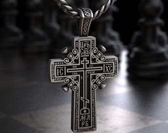 Sterling Silver Orthodox Prayer Cross Pendant Necklace, Slavonic Inscription IC XC NIKA Scripture Engraved Charm, Orthodox Christian Jewelry