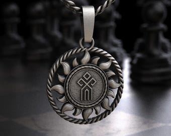 Sterling Silver Slavic Perun Symbol Sun Flame Medallion Pendant Necklace, Pagan Thunder God Rune Rope Border Coin Charm, Slavic Mythology