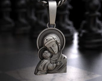 Sterling Silver Eleusa Madonna Child Pendant, Orthodox Icon Halo Charm, Catholic Jewelry