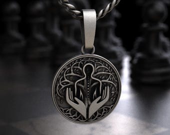 Sterling Silver Tree of Life Medallion Pendant, Healing Hands Celtic Knotwork Charm