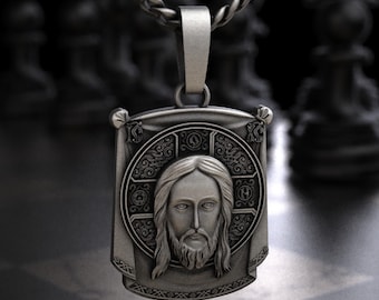 Sterling Silver Mandylion Holy Face of Jesus IC XC Tag Pendant Necklace, Orthodox Christ Portrait Scroll Halo Charm, Byzantine Jewelry Gift