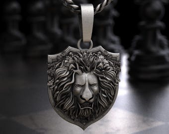 Sterling Silver Lion Head Shield Pendant Necklace, Heraldic Floral Mane Lion Crest Charm, Royal Strength King of Jungle Jewelry Gift