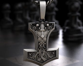 Sterling Silver Odin Face Mjolnir Pendant, Bearded Viking Celtic Knotwork Hammer Charm