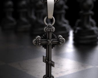 Sterling Silver Orthodox Russian Cross Pendant Necklace, Rope Twist Fleur De Lis Trefoil Arm Floral Cross Charm, Byzantine Catholic Jewelry