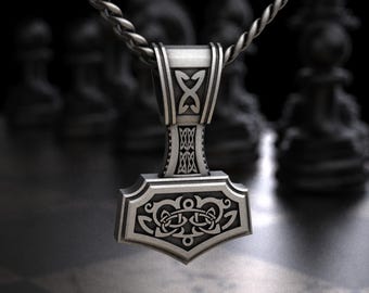 Sterling Silver Mjolnir Thor's Hammer Celtic Knotwork Pendant Necklace, Norse Viking Triquetra Engraved Hammer Charm, Viking Mythology Gift