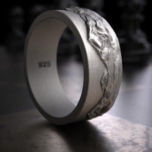 Mountain Silver Ring for Men, Sterling Silver Nature Wedding Ring, 3D Mountain Range Band, Gift for Nature Lovers, Engraved Engagement Ring