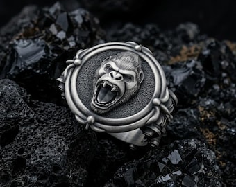 Ring mit brüllendem Gorilla, oxidierter gotischer Siegelring, 925er Sterlingsilber, handgefertigt, Herren, Größen 4-16