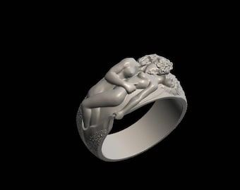 Romantic Lesbian Couple Ring, Women Embrace Design, Sterling Silver Hugging Lovers Band, Unique LGBTQ+ Valentine Gift, Romantic Gift for Her