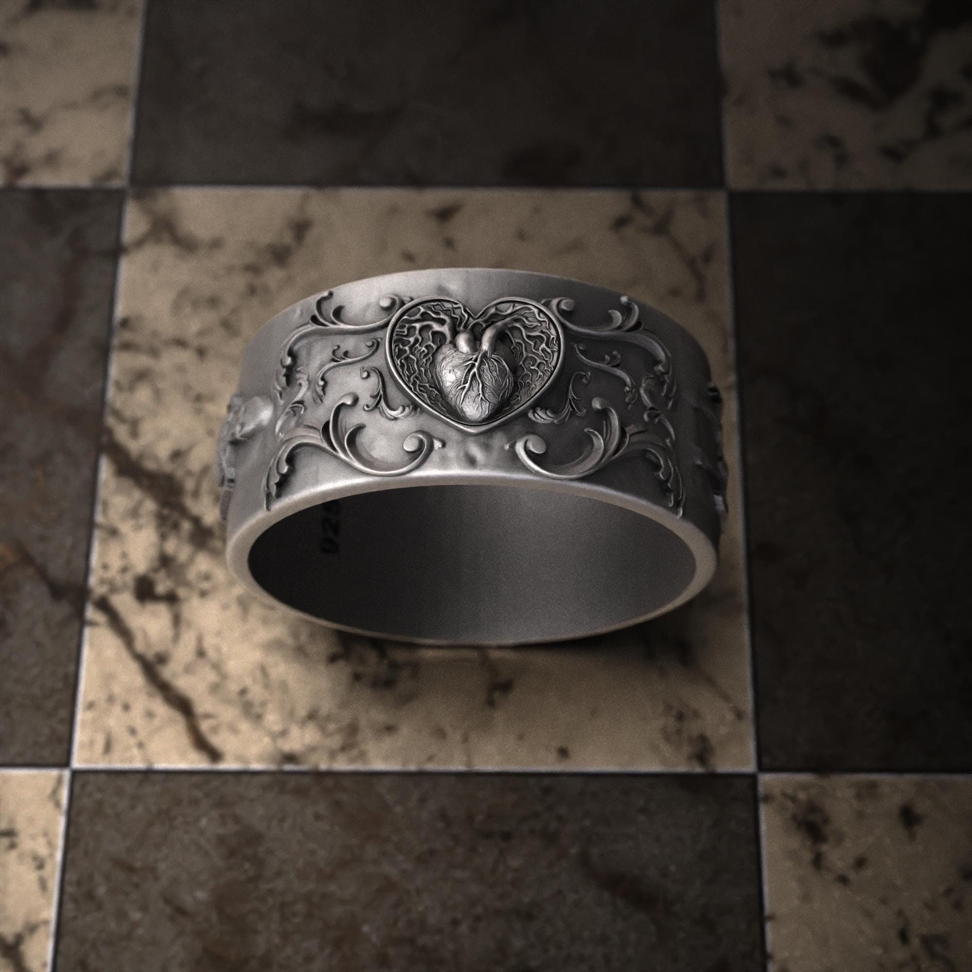 Heart & Skeleton Silver Ring for Men, Gothic Lovers Promise Band, Unique Silver Wedding Ring, Gift for Him, Gothic Silver Skeleton Band