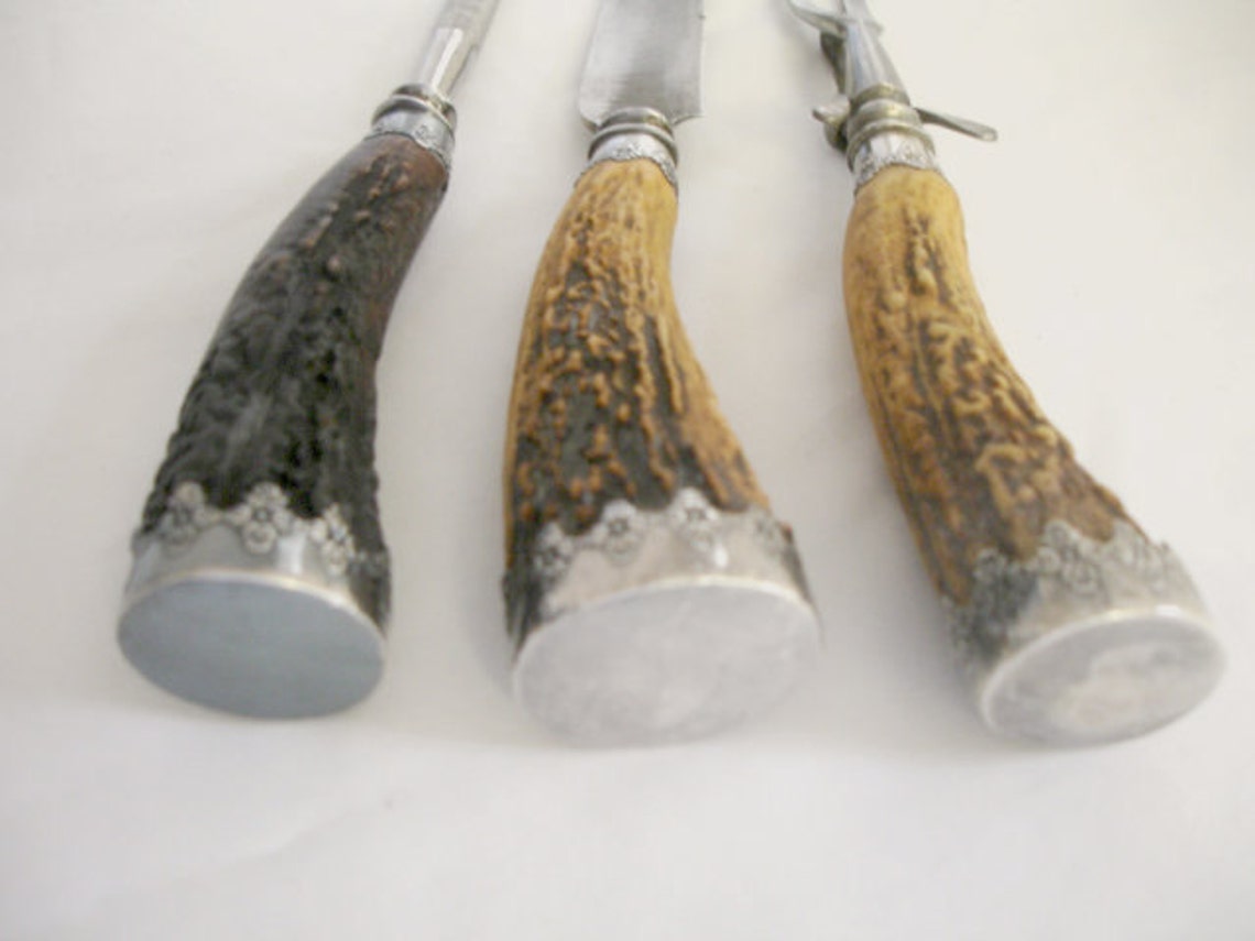 Carving Set Stag Horn Antler Sterling Silver Handles 3 Pc Set Etsy