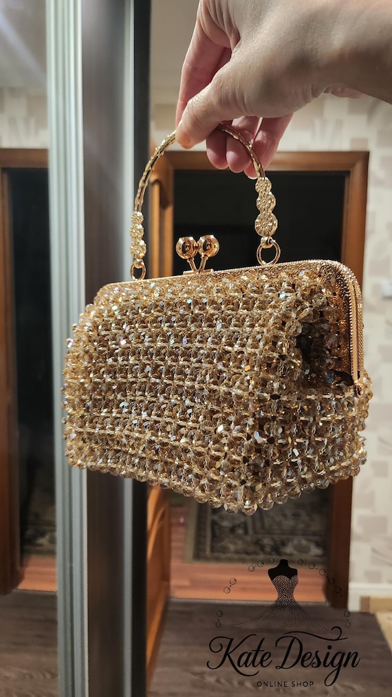 Gold Crystal Beaded Evening Bag, Handmade Sparkly Party Purse