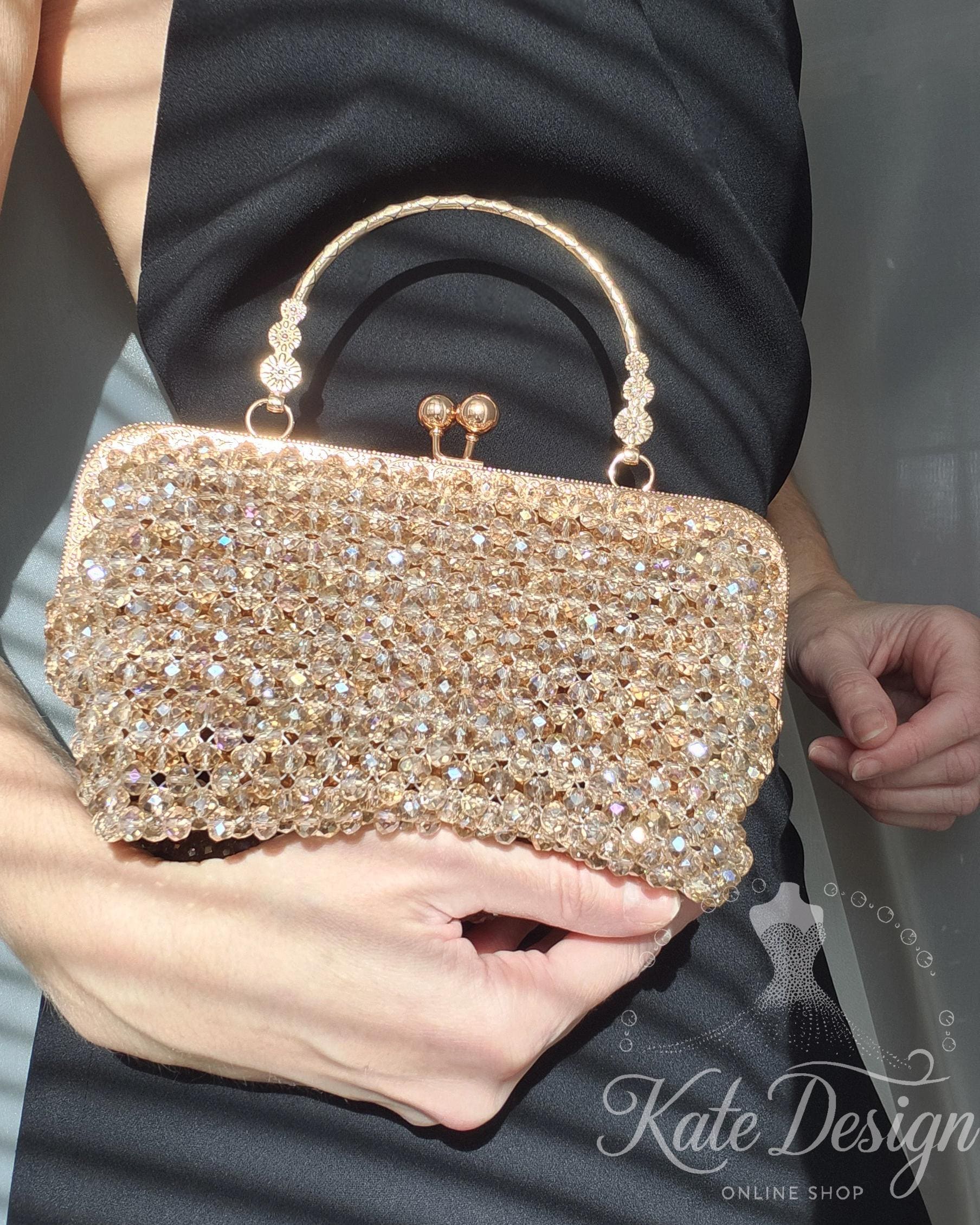 Gold Crystal Beaded Evening Bag, Handmade Sparkly Party Purse