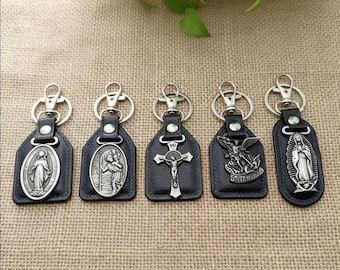 Catholic Leather Keychain • St Michael, Christopher, Benedict Medals