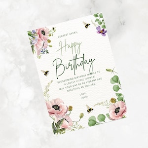 Flower Birthday Invitation Card, Editable Flower Template For Girls, Happy Birthday Card, Floral Birthday Card, Flower Birthday Card