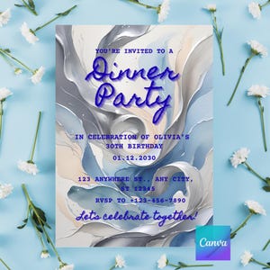 Blue Birthday Dinner Invitation: Elegant Agate Design (Canva Template, Digital Download)