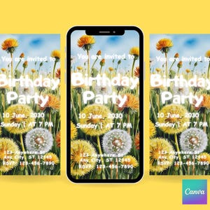 Dandelion Birthday Invitation: Yellow Wildflower Canva Template (Digital)