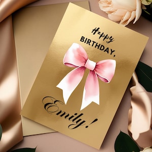 Tarjeta de cumpleaños con lazo rosa para ella / Regalo de cumpleaños número 21 para una amiga / Cumpleaños número 13 de una adolescente / Tarjeta de cumpleaños con lazo rosa editable con ilustración de lazo
