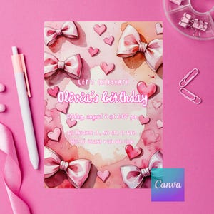 Pink Bow Invitation - Coquette Birthday Girl Invite | Editable & Printable Invitation Template | Digital Download for Girl Birthday Party