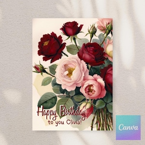 Vintage Blumenkarte druckbare für digitale Scrapbooking, Retro Geburtstagskarte, Rose Vintage Digitaldruck, Grußkarte, Vintage Rose