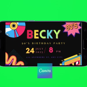 Editable 90s Party Invitation: Throwback Theme, Printable Canva Template (PDF file 5x7 inch )