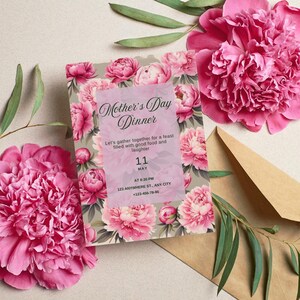 Invito per la festa della mamma modificabile, invito per il brunch con fiori di peonia, invito vintage per il brunch della festa della mamma, invito per mamme e mimose, regalo stampabile per la mamma