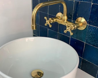 Unlacquered Brass Bathroom Faucet: Vintage Wall Mount Vanity