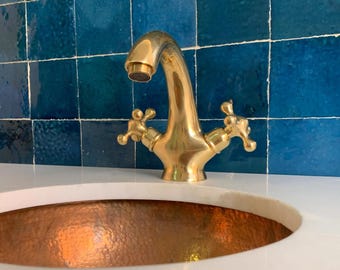 Unlacquered Brass Bathroom Faucet: Vintage Cross Handle Sink Vanity