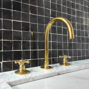Unlacquered Brass Bathroom Faucet: 3-Hole Deck Mount Vanity Sink