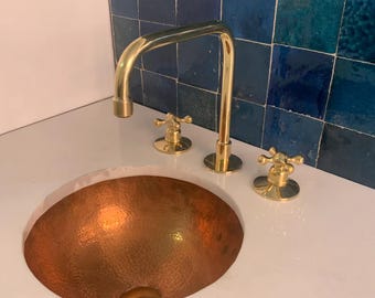 Unlacquered Brass Bathroom Faucet: Deck Mount, Dual Handle