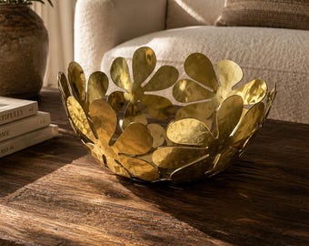 Vintage Stockholm Fruit Bowl • Gold Metal Retro Flower Power