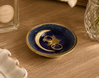 Vintage Celestial Trinket Dish Brass Enamel Blue Gold Moon Jewelry Tray