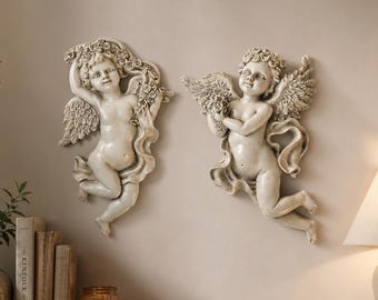 Vintage Toscaanse wandsculpturen cherubijn, set van 2 engel Whimsygoth