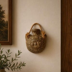 May include: A wall-mounted, textured brown ceramic vessel featuring a relief of a sun face with rays. The vessel has a narrow neck and is suspended by a thick, natural-colored twisted rope handle attached to two side loops on the upper body.