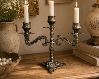 Vintage Silver Plated 3 Arm Candelabra Candle Holder | Ornate Victorian Baroque
