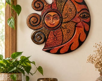 Vintage Wooden Sun & Moon Wall Decor, Hand Painted Celestial