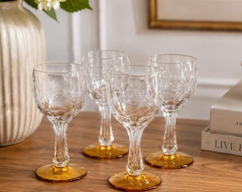 Antique Lancaster Jubilee Yellow Sherry Crystal Glasses – Set of 4