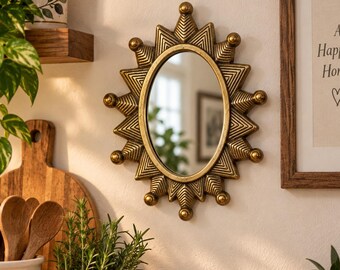 Vintage Sunburst Wall Mirror, Gold Boho Mid Century