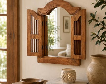 Vintage Arched Shutter Mirror – Wooden Window Frame