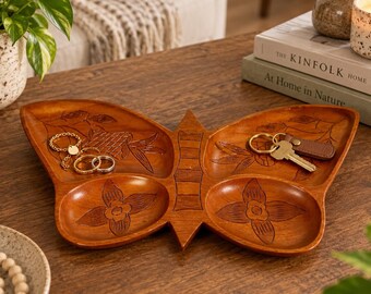 Vintage Hand Carved Wooden Butterfly Platter,  Wall Decor, Folk Art Serving Tray