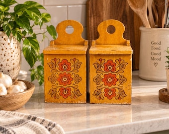 Vintage Wooden Canister, Hand Painted Floral Kitchen Storage, Retro Wood
