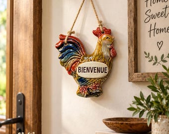 Vintage Ceramic Rooster Welcome Sign, French Country Farmhouse Decor