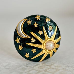 Vintage Karl Lagerfeld Brooch – Sun Moon Stars Enamel Pin with Pearl & Crystals | 1990s Designer Celestial Jewelry Gift