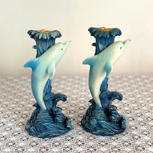 Vintage Dolphin Candlestick Holders: Resin Beach House Decor