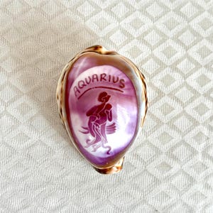 May include: A decorative seashell featuring the Aquarius zodiac sign. The shell has a pearlescent purple interior with a brown rim. The Aquarius symbol and text are in a darker purple colour.